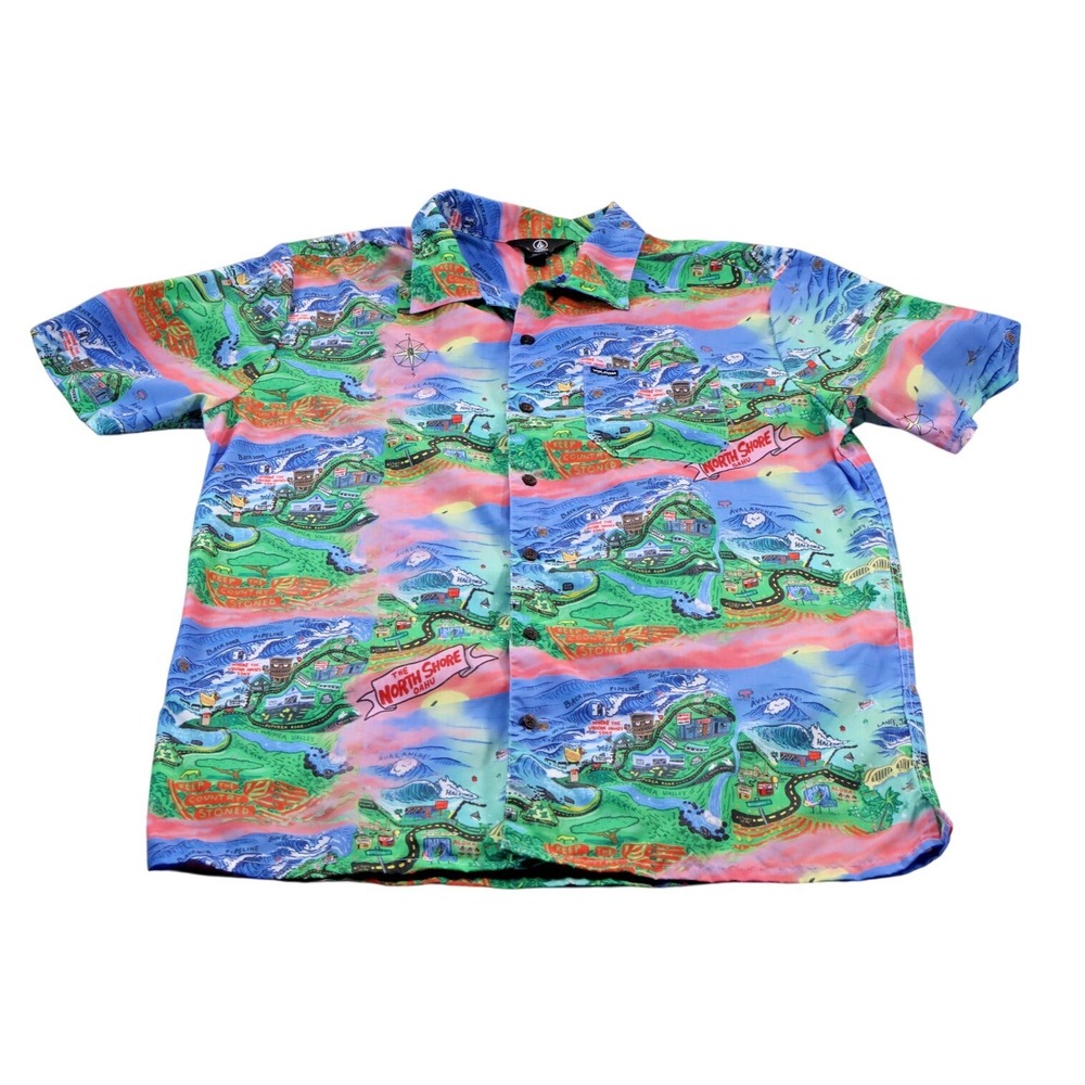 Volcom Shirt Mens Large North Shore Oahu Map Hawaiian Button Up Surf Aloha Beach